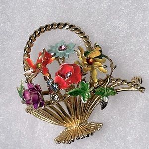 Vintage hand painted floral basket brooch